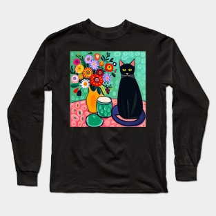 Black Cat with Still Life Flowers in a Yellow Vase Still Life Painting Long Sleeve T-Shirt